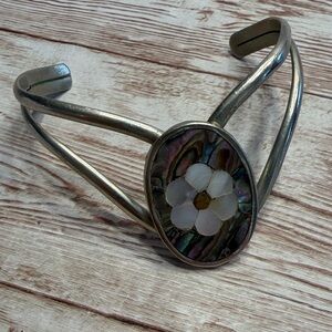 Mexico Silver Cuff Bracelet with Mother of Pearl Floral Inlay